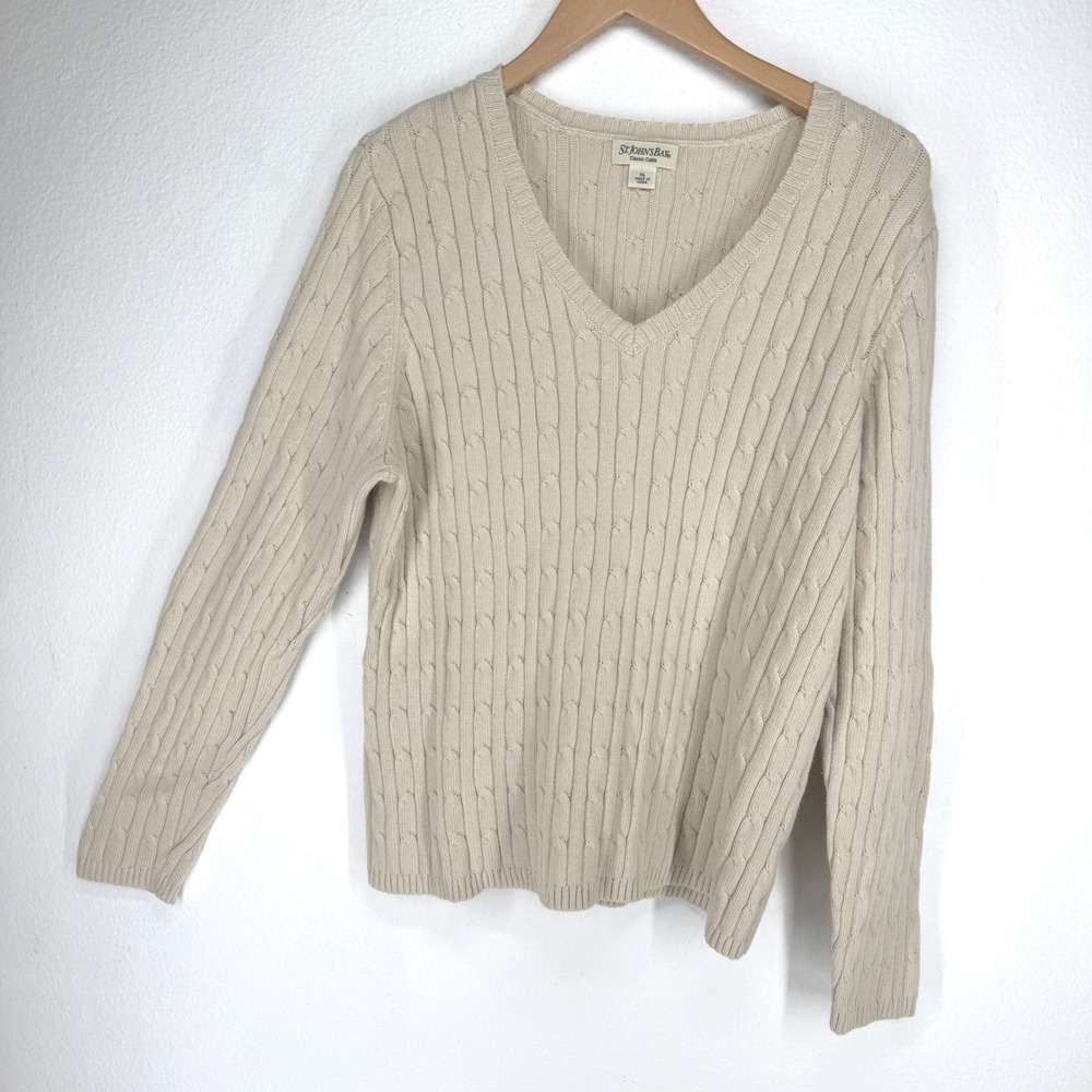 Vintage Mens Beige Classic Cable Knit Fisherman Cotton Sweater V Neck‎ Preppy